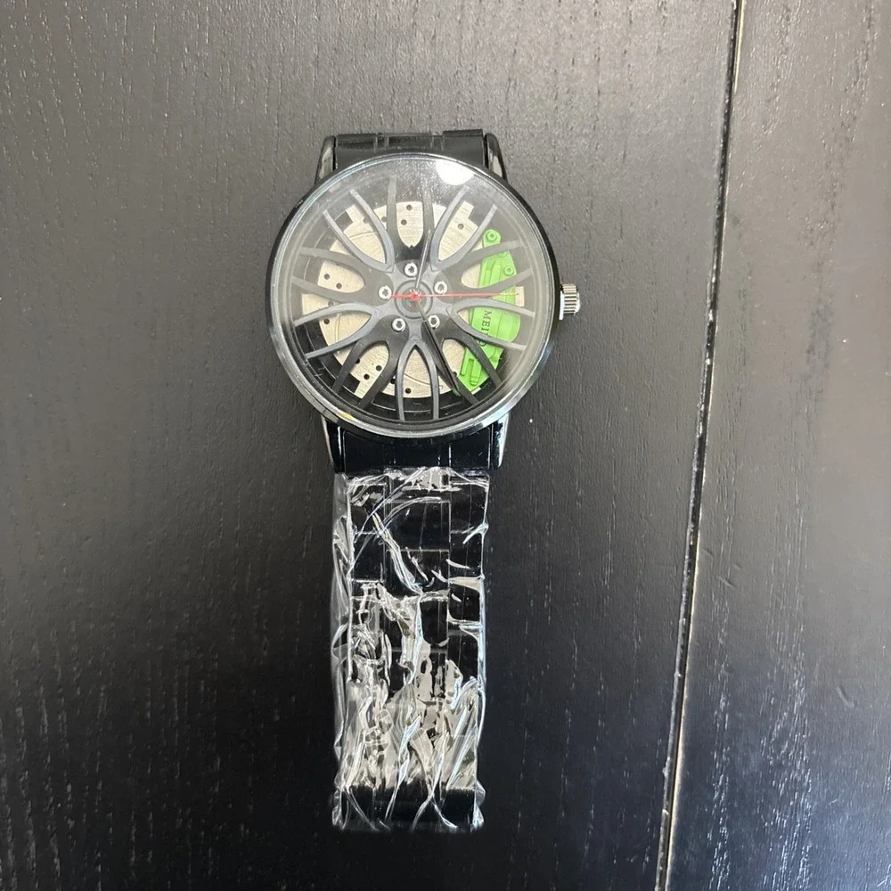 Mens Watch Round Wheel Green Brake Caliper And Rotor Shape Stainless Wristwatch